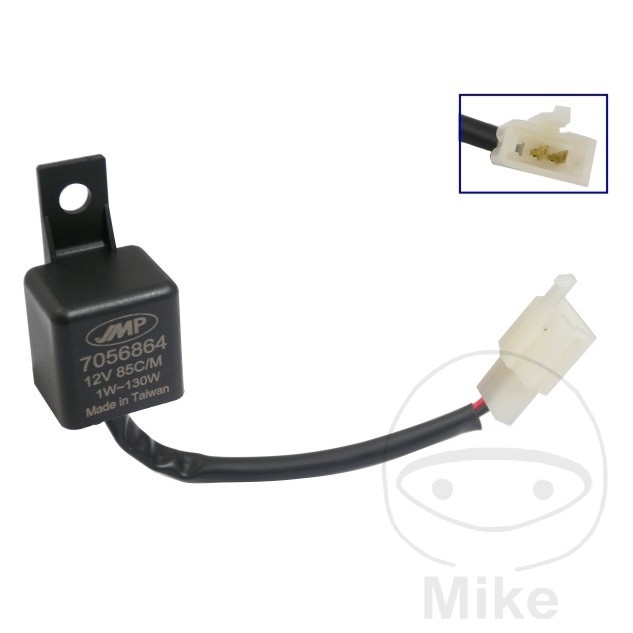 1000_bd08_y0001_1 Relè lampeggiatore JMP per indicatori di direzione standard e a LED Numero di poli: Spina stretta a 3 vie con assegnazione a 2 poli, adatta anche per moto con connessione a 3 poli. Modalità di funzionamento: Elettronico Tensione nominale: 12 Volt Capacità di commutazione: 1 watt - 130 watt Connessioni: X = batteria L = interruttore Frequenza di lampeggio: 85 al minuto Attenzione: per gli indicatori di direzione a LED con una potenza di 0,5 W o inferiore e l'uso contemporaneo di luci di cabina a LED, potrebbe essere necessario utilizzare una resistenza aggiuntiva.